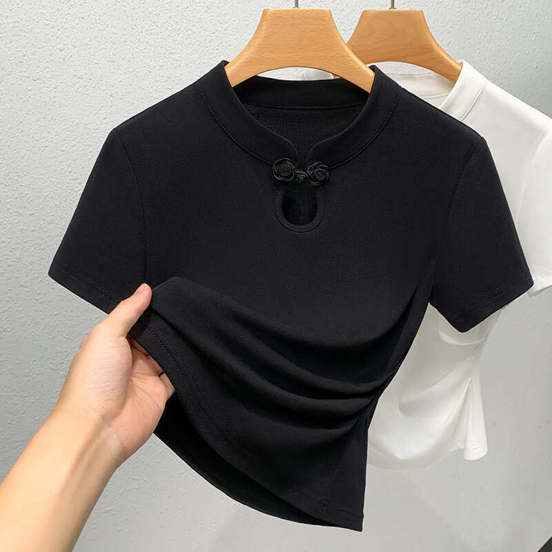 New Chinese style solid color hollow temperament top female retro short sleeve design sense T-shirt Chinese style buckle top versatile commuting offic