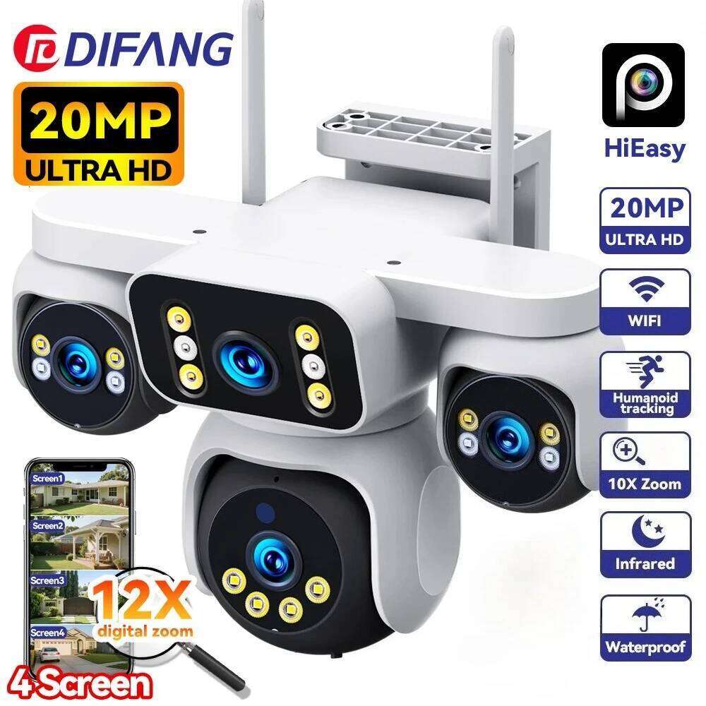 RDV DIFANG 20MP CCTV Len 4 Screen WiFi 360 IP Camera 12X Zoom Auto Track Home Security Cam Waterproof Surveillance Outdoor 10K 4G 26W0306