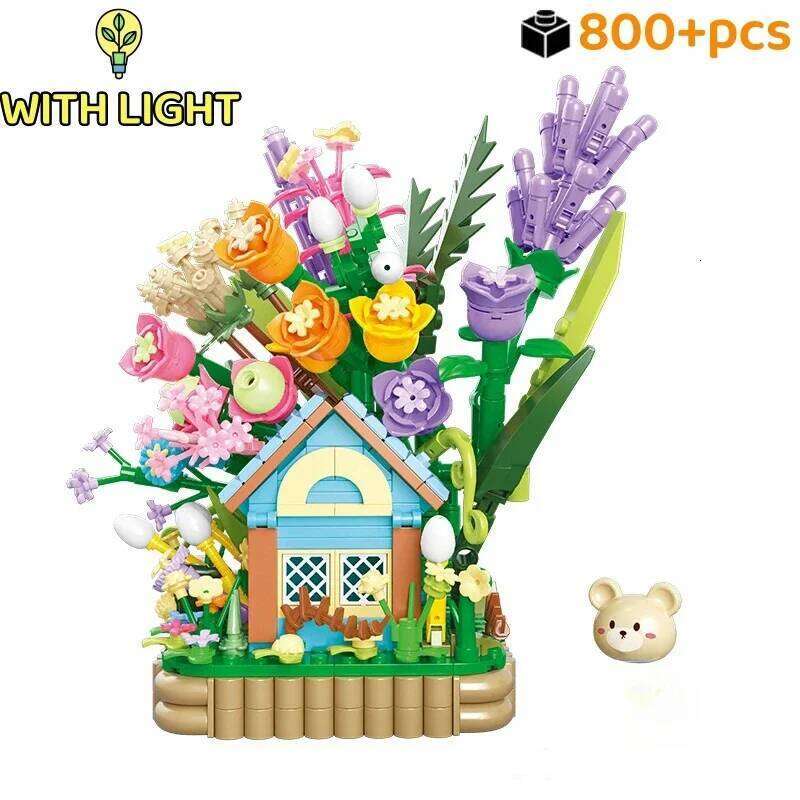 Little Bears Forest Cabin Building Blocks Warm Flower House Model Bricks Set With Desktop Deco Kids DIY Toys Holiday Gift Z260305
