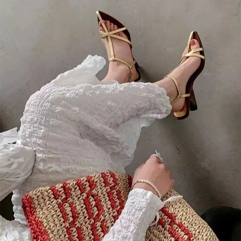 2026 Womens High-heeled Sandals Summer High-heeled Shoes Strap Slingback Feminine Wedding Sandals 260305