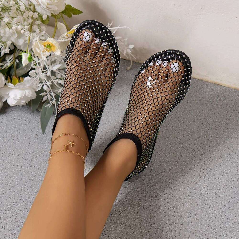 2025 Round Toe Sandals With Hollowed Out Diamond Studded Internet Famous Short Boots Summer Sexy Plus Size Flat Shoes