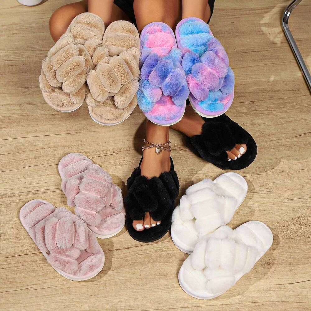 Women's Fluffy Cross Strap Fur Lightweight Soft Warm Plush House Slippers Woman Autumn Winter Flat Indoor Fuzzy Slides