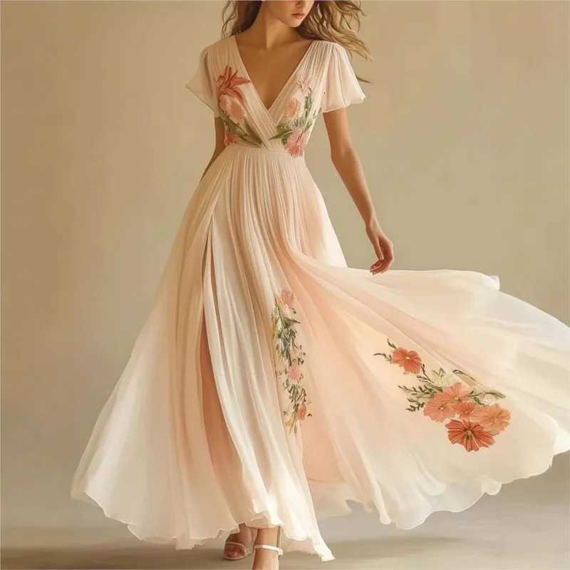 Womens Clothing Trend 2025 Summer Short Sleeve High Waist Dresses Sexy V Neck Floral Printed Boho Holiday Dress Vestidos X260306