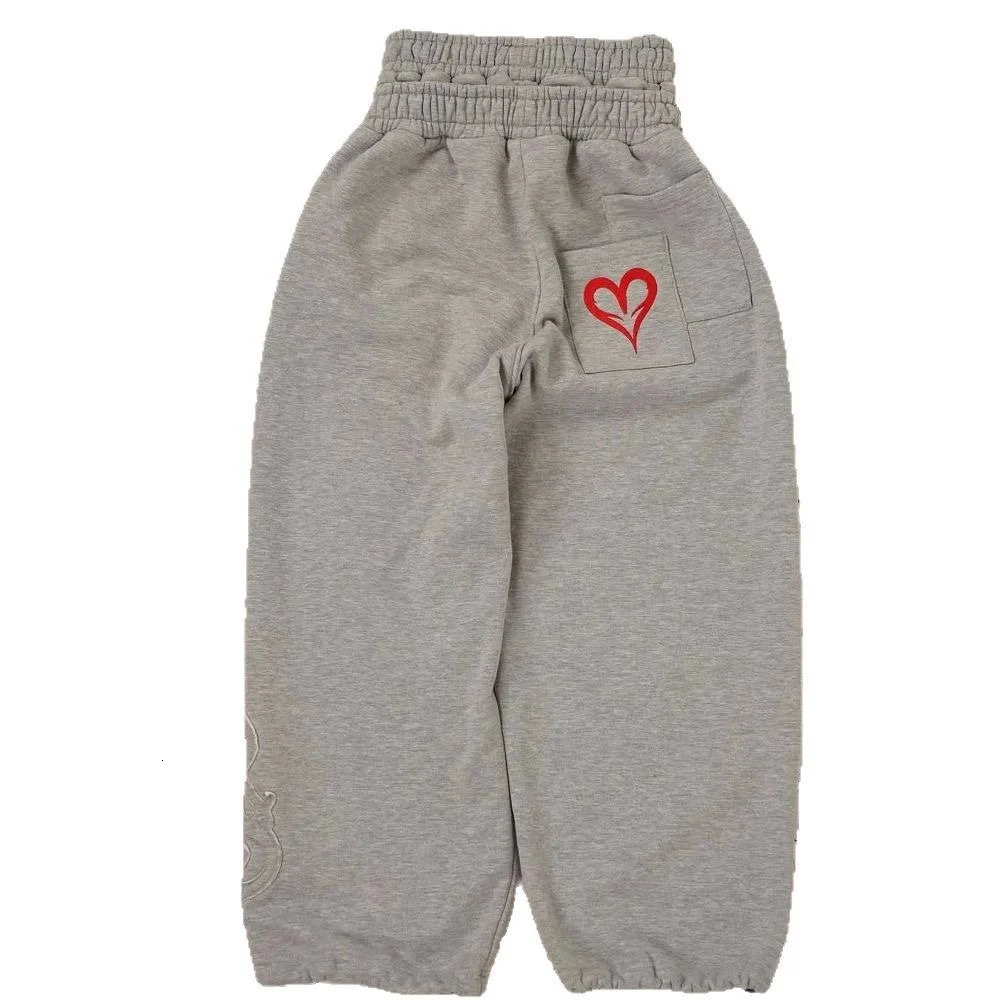 Men Heart-shaped Embroidery Print Europe America Two Piece Wide Leg Pants Casual Grey Loose Sports 260303
