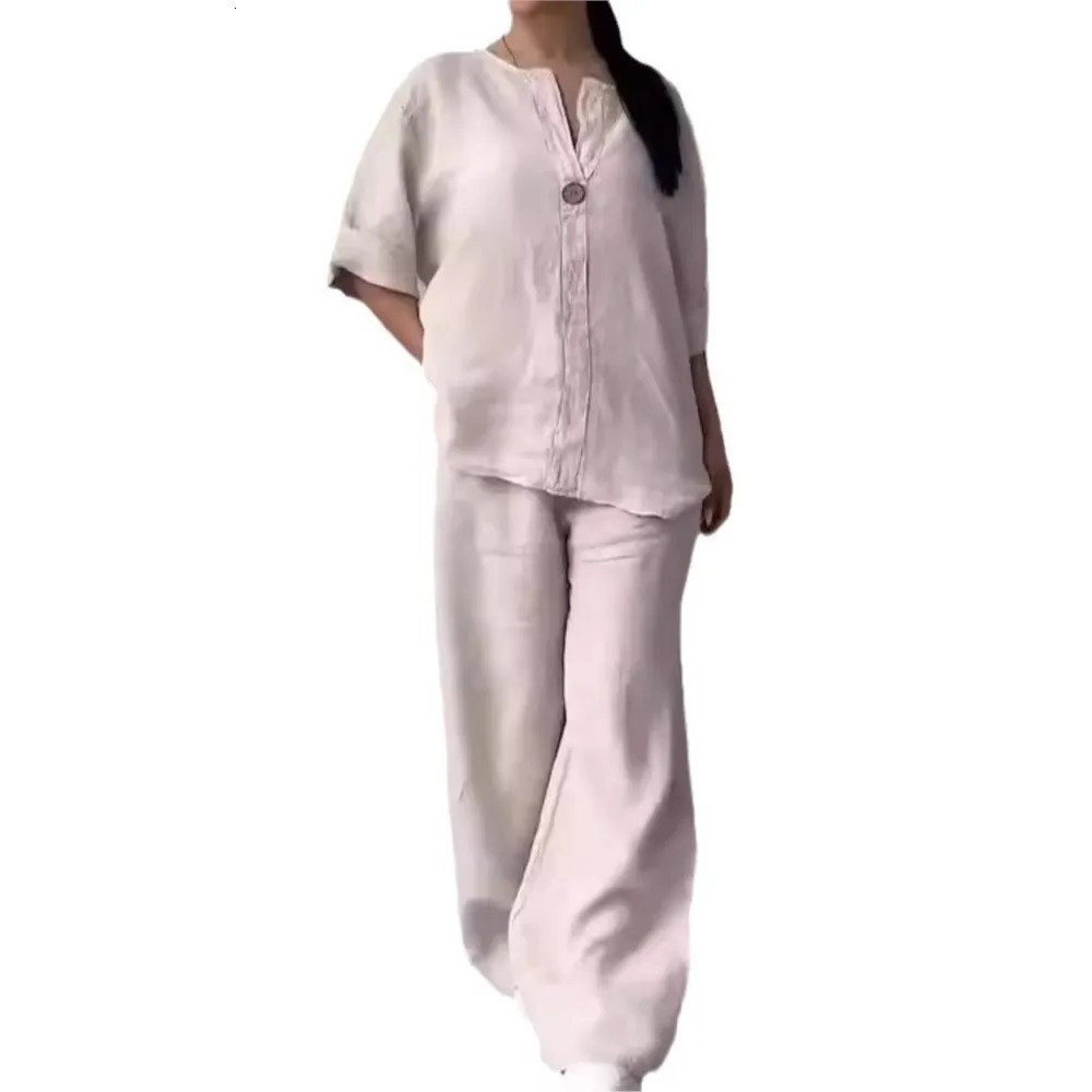Fashion O Neck Long Sleeve Cotton Linen Shirt Suit Women Spring Autumn Casual Solid Color Pocket Pants Female Office 2 Piece Set 260304