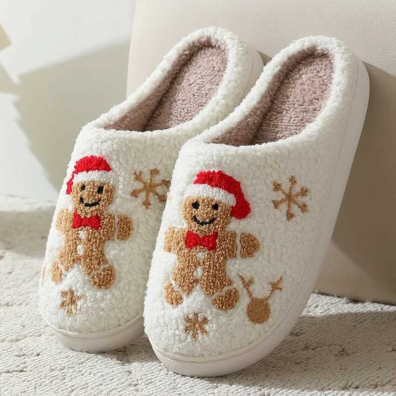 Christmas Women Slippers Cute Gingerbread Winter Warm Slides Couple Houseshoes Men Bedroom Flat Soft Sole Home Shoes for Gift S260305