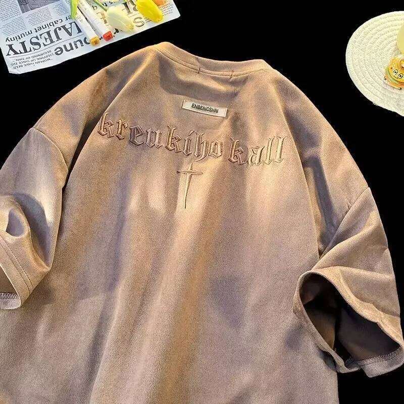 Retro Embroidered Suede Short Sleeve Loose Fit Hip Hop Style Men's T-Shirt Casual Crew Neck Top For Summer In Mainland China
