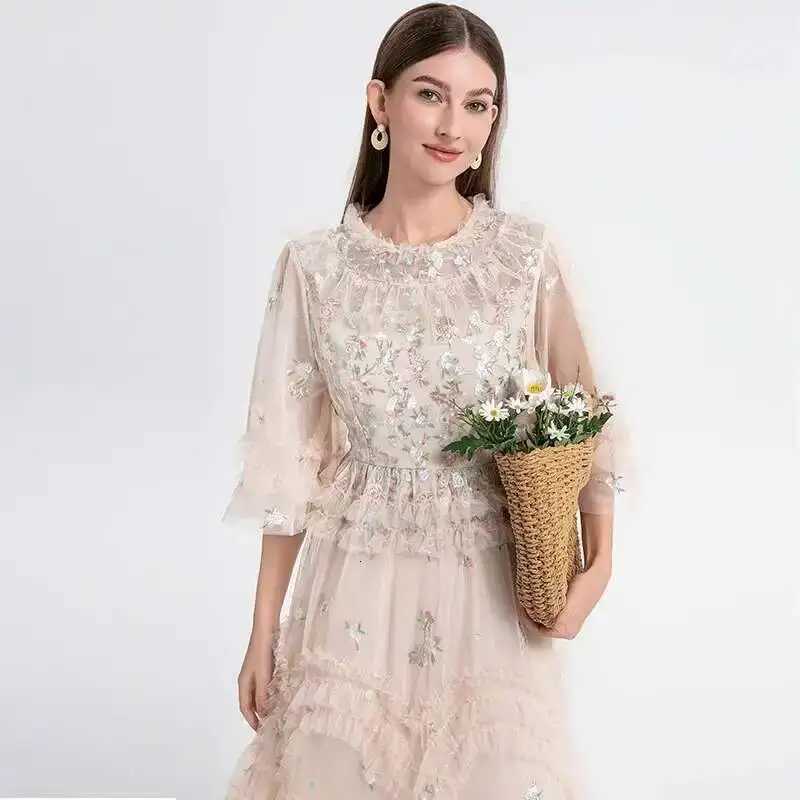 Runway Luxury Long Dresses Women 2026 Summer Holiday Embroidery Flower Ruffles Midi Party Evening Dress Lady Prom Vestidos X260306