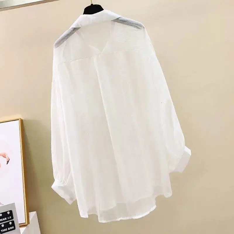 Summer Sunscreen Shirt Elegant Perspective Thin Chiffon Blouse Korean Harajuku See Through Loose Top Casual Womens Cardigan 260306