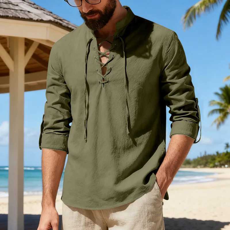 2026 New Mens Cotton Linen Shirt Long Sleeve Male Shirts Henley Button Strap Stand Collar Casual Shirt Spring Summer Vintage M260305