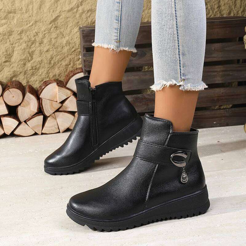 2025 Winter New Women's Ankle Boots - Side Zipper Plush Lined, Buckle Decor with Pendant, Non-Slip Wedge Heel, Warm & Elegant