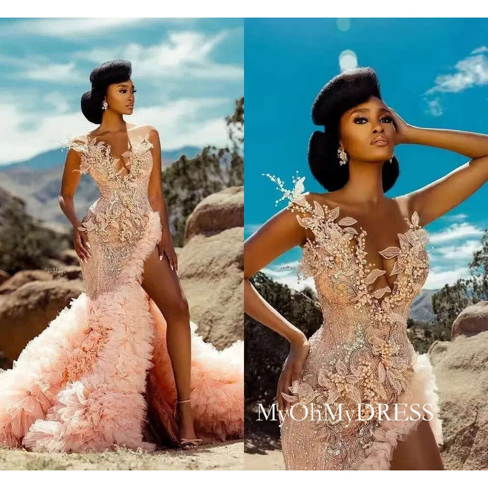 2026 Customized Luxury Pink Slit Ruffled Long Prom Dresses For Black Girls Pearls 3D Hand Flower Women Birthday Party Gowns African Evening Red Gala V