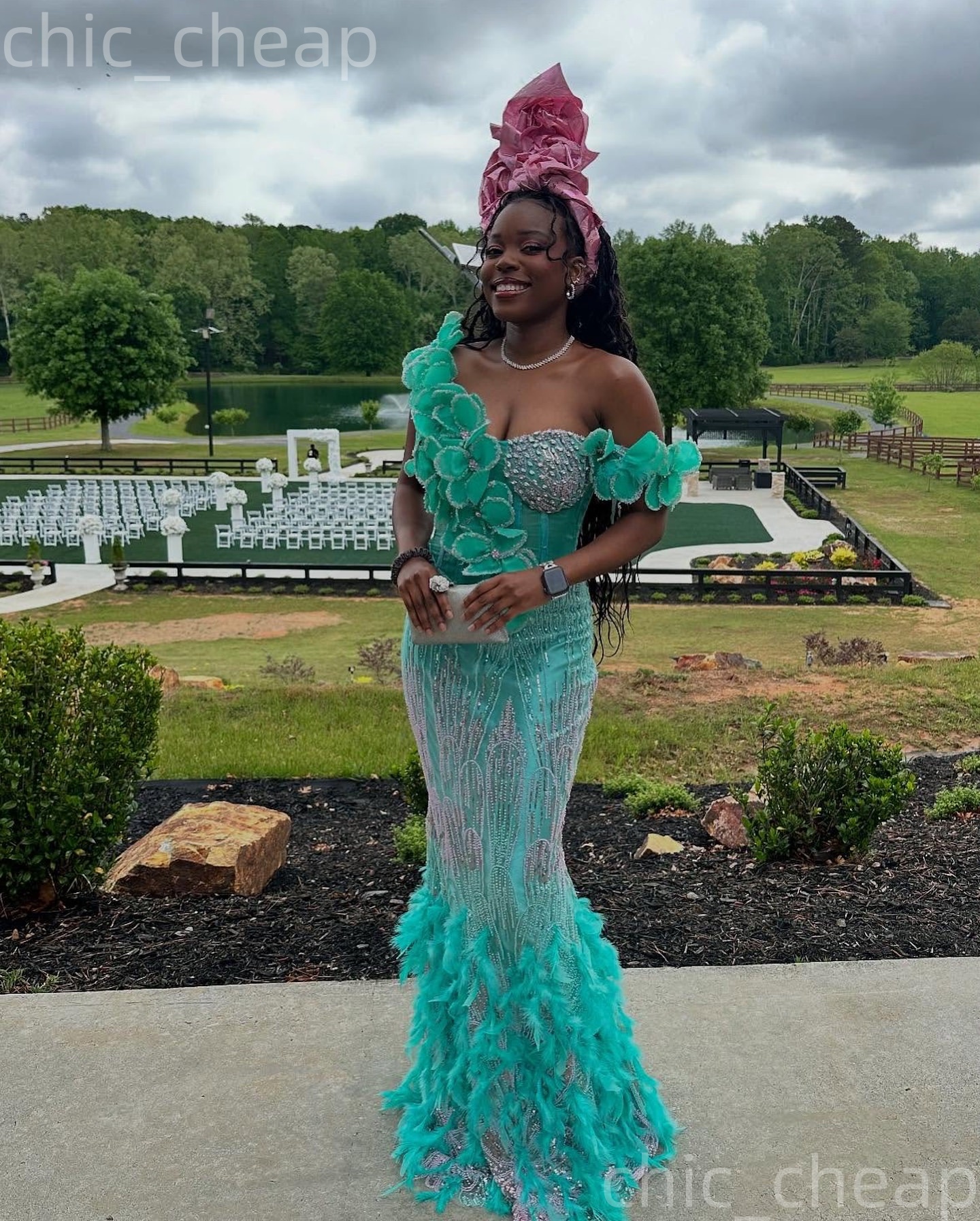 Aso Ebi Turquoise Prom Dress 2026 Mermaid Prom Dress Florals Feather Sequined Evening Dresses For Black Women Birthday Party Formal Receiption Gowns D