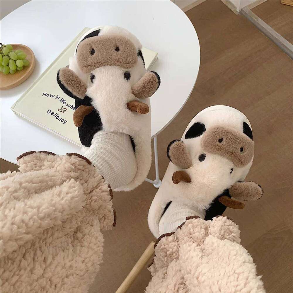Litfun Plush Milk Cow Women Winter Home Cute Furry Anti-slip Fluffy Bedroom Slides Fur Cartoon Slippers