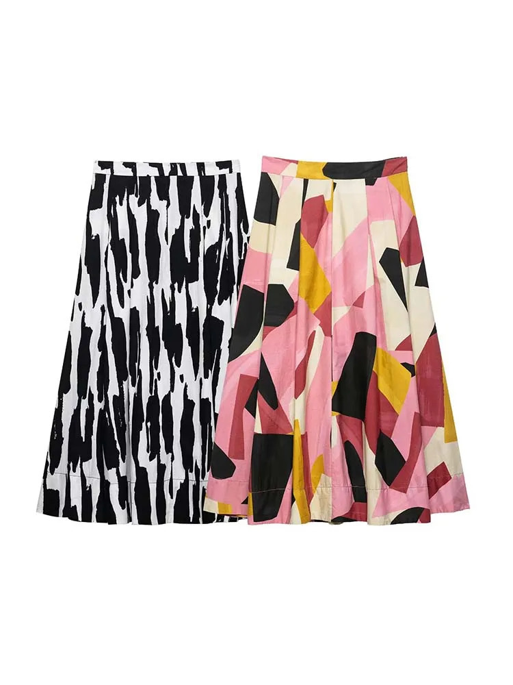 Women Summer MIDI Skirts Fashion Print Side Zipper Female ELegant Street Skirt Clothing 260306
