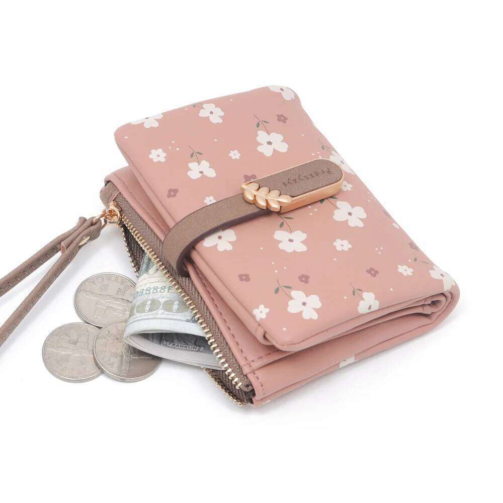 Women Short Wallet Cute Leaf Flower Pattern Design Girl Zipper Coin Purse Ladies ID Credit Card Holder PU Small Clutch Money Bag C260304