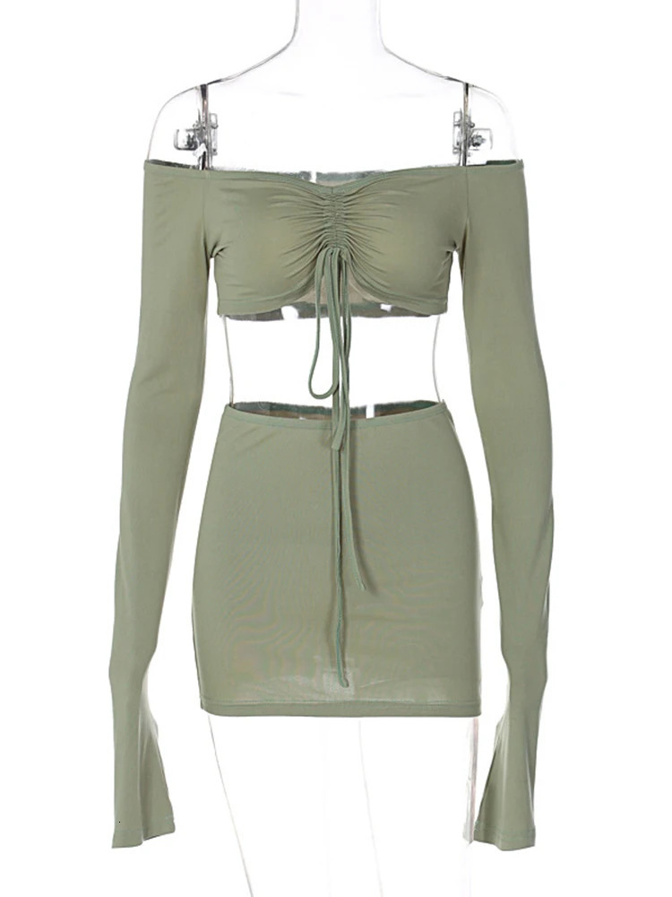 Hugcitar Women Matching 2 Piece Set Long Sleeve Drawstring Ruched Crop Top Mini Skirt Suit Co Ords Outfits Bodycon Sexy Party 260304