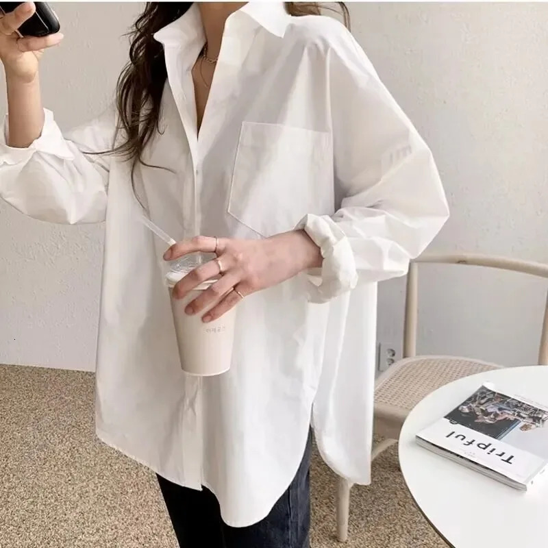 Office Lady Elegant White Casual Loose Blouses Fashion Cotton Long Sleeve Women Shirt Turndown Collar Tops 260306