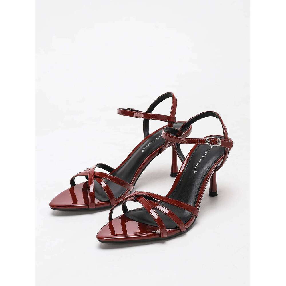 Women's Commute-Chic Burgundy Criss-Cross Strap Ankle-Clasp Heeled Sandals