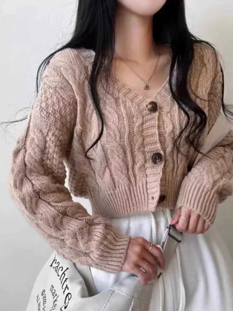 Cable Knit Crop Cardigan Sweater for Women Long Sleeve Button-up Boxy-fit Crop Sweater Jacket Teen-girl Fall Winter Y2K Outfit M260306