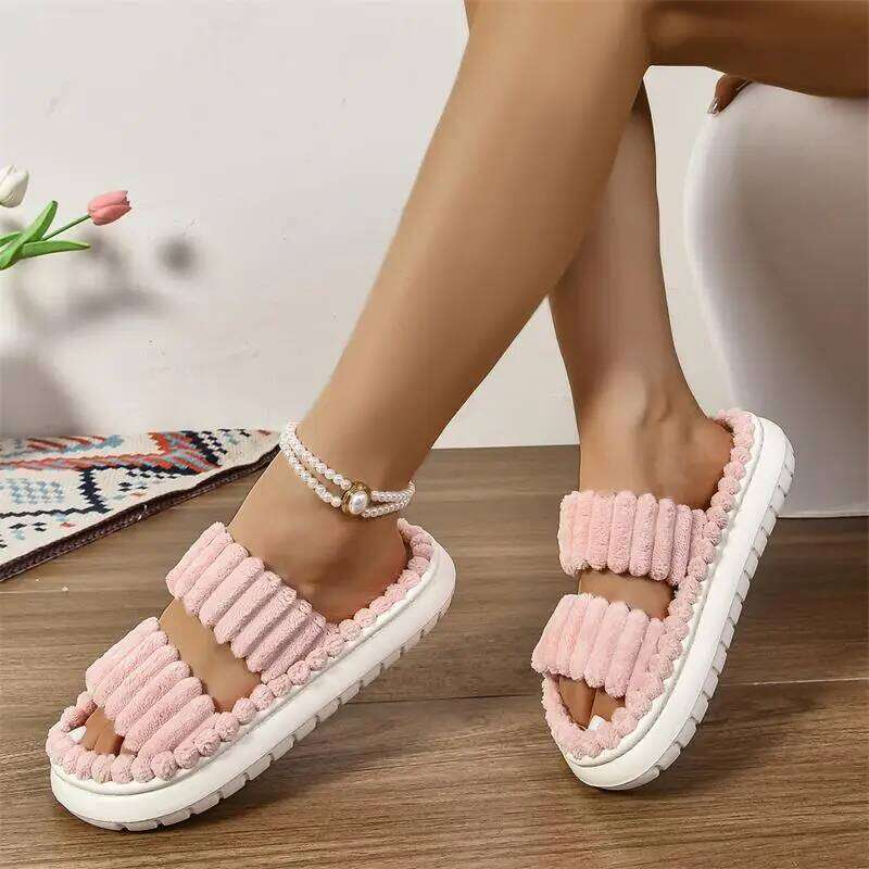 Litfun Winter Corduroy Fuzzy Platform Soft Sole Anti-slip EVA Foam Slides Furry Comfy Women's Slippers