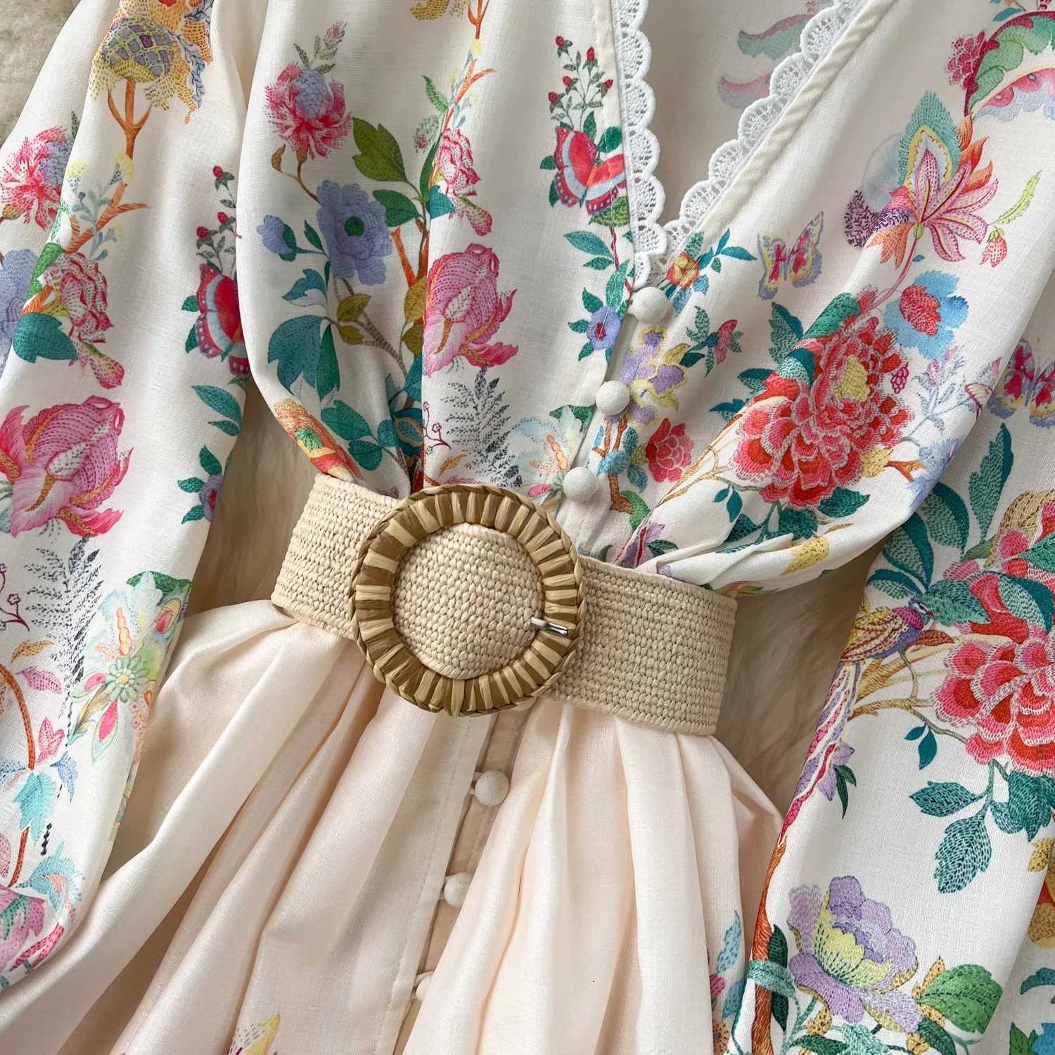 Summer Holiday Flower Robe Dress Women Lace Splicing V-Neck Long Lantern Sleeve Sashes Floral Print Maxi Vestidos Clothes 6272 X260306