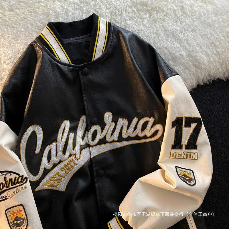 Mens Baseball Jacket Spring Autumn Style Advanced Feeling Handsome Embroidery Pilot PU Leather Patchwork Color Block Jacket 260306