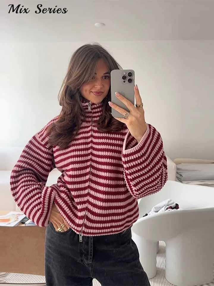 Casual Turtleneck Knitted Ribbed Sweater Womens Loose Full Sleeve Zippers Cardigan 2025 Autumn Winter Lady Minimalist Outerwear M260306