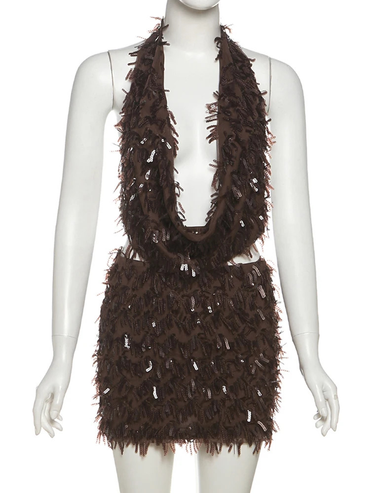 Weird Puss Sequin Tassels 2 Piece Set Women Sexy Swing Collar Tank TopsPeach Hip Skits Midnight Summer Birthday Party Clubwear 260304