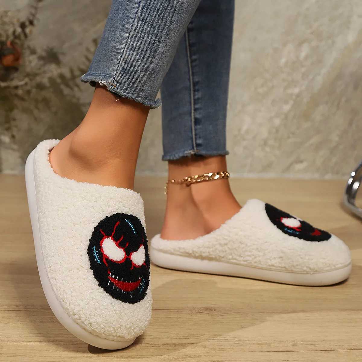 Fuzzy Women Slipper Winter Warm Kawaii Cartoon Plush Contton Indoor Funny Ghost Mask Floor House Home Shoe Female Halloween S260305