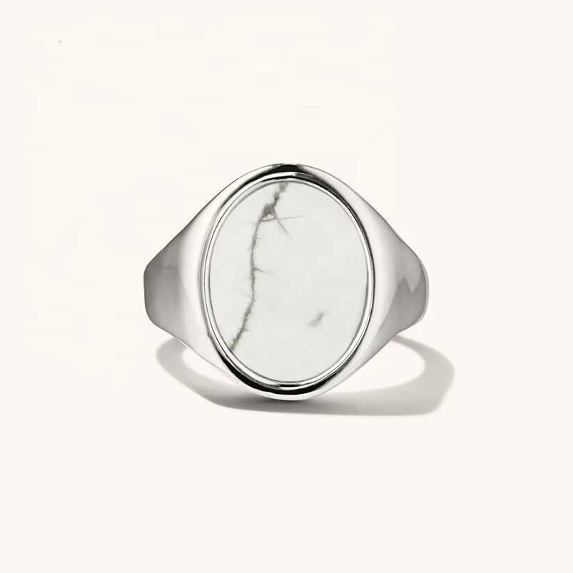 Gemnel 925 Sterling Silver Gemstone Oval White Howlite Signet Rings Mens