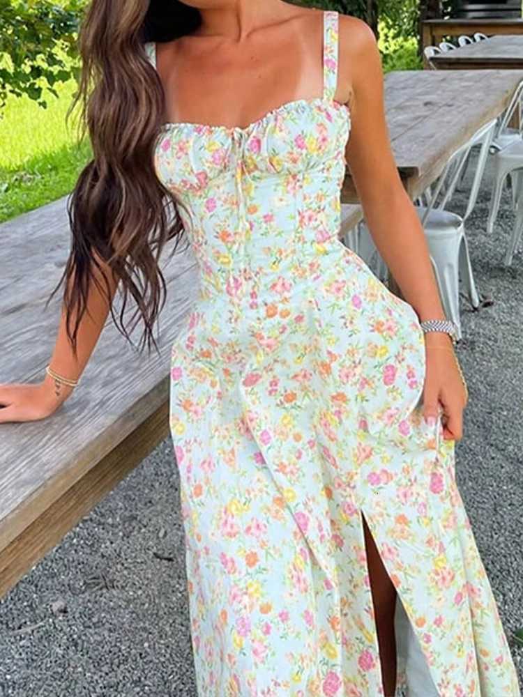 New Floral Midi Dress Bohemian Flowy Slit Dress Elegant Fashion Women Going Out A-line Casual Summer Sundress Print Halter Dress X260306