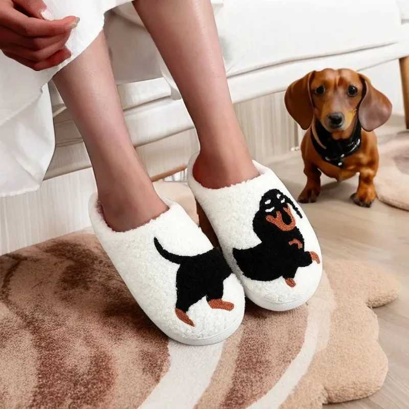 Pet Pattern Dachshund Embroidery Stuffed Home Thick Sole Plaid Furry Cotton Slippers Warm Non-slip Indoor Slippers Pet Mom Gift S260305