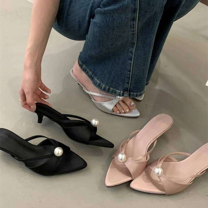 High Heels Slippers Women Bead Pointed Sandals Shoes Summer 2025 Trend Sexy Open Toe Woman Brand Designer Sandalias Pumps