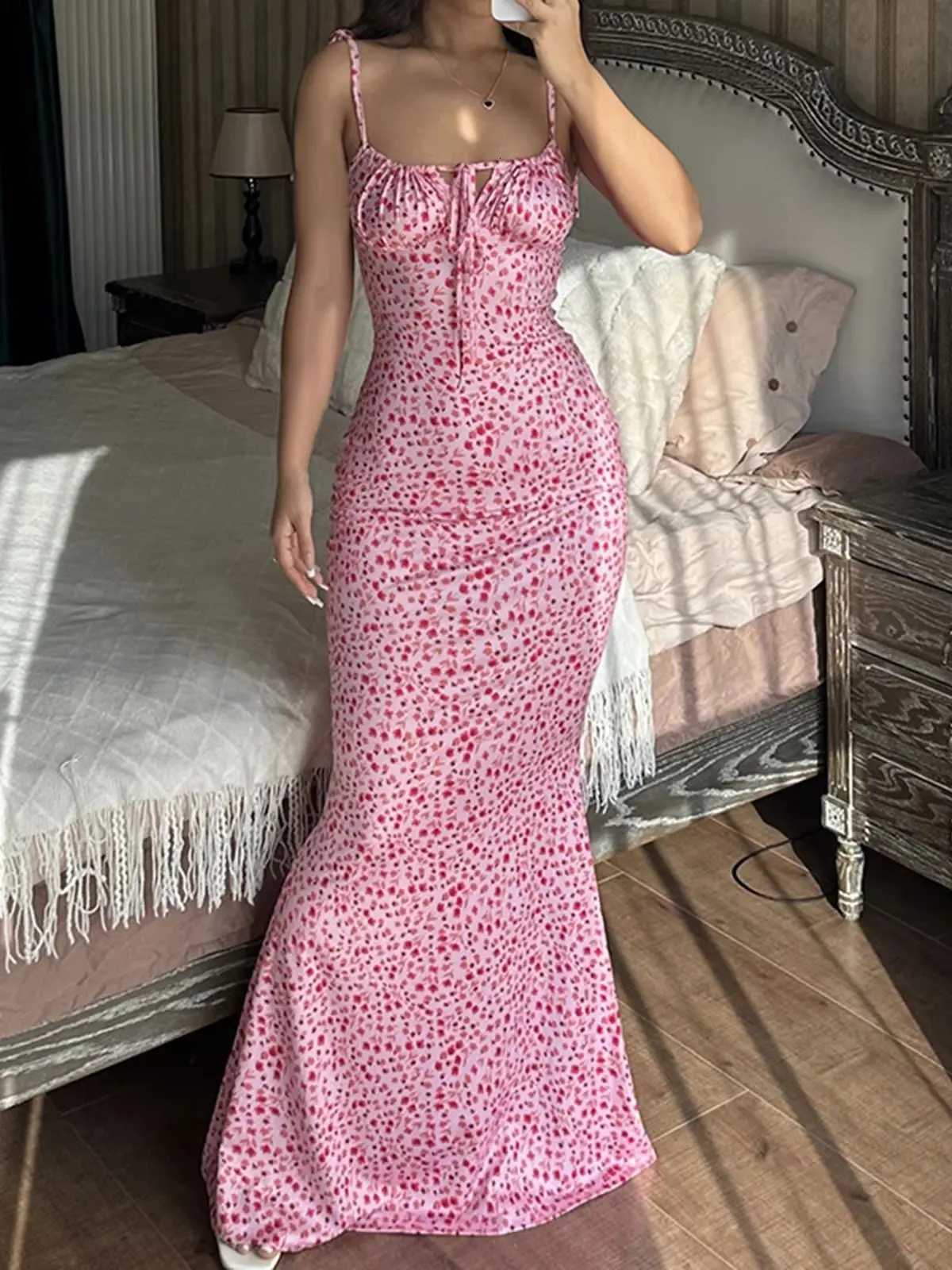 2025 Summer Floral Midi Dress Women Spaghetti Strap Tie-up V-neck Split Dress Sexy Vintage Elegant Dresses Female X260306
