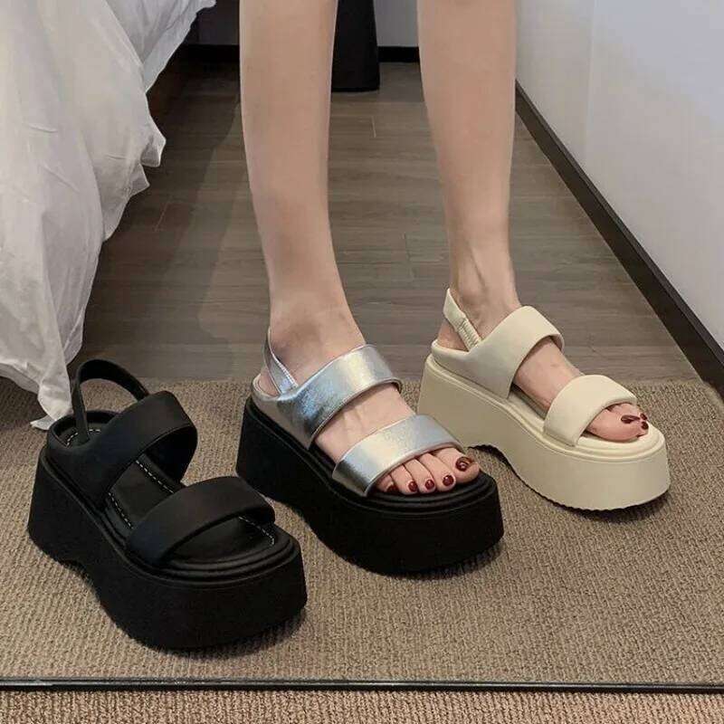 Summer 2025 Chunky Sandals Women's Wedge Slides 8CM High Heels Leather Casual Woman Beach Thick Bottom Flip Flops