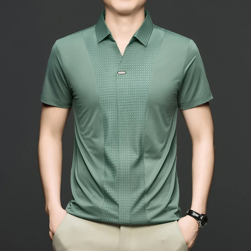 Personality jacquard splicing short sleeve Polo shirt men ice silk breathable high quality fashionable buttonless V-neck T-shirt 260304