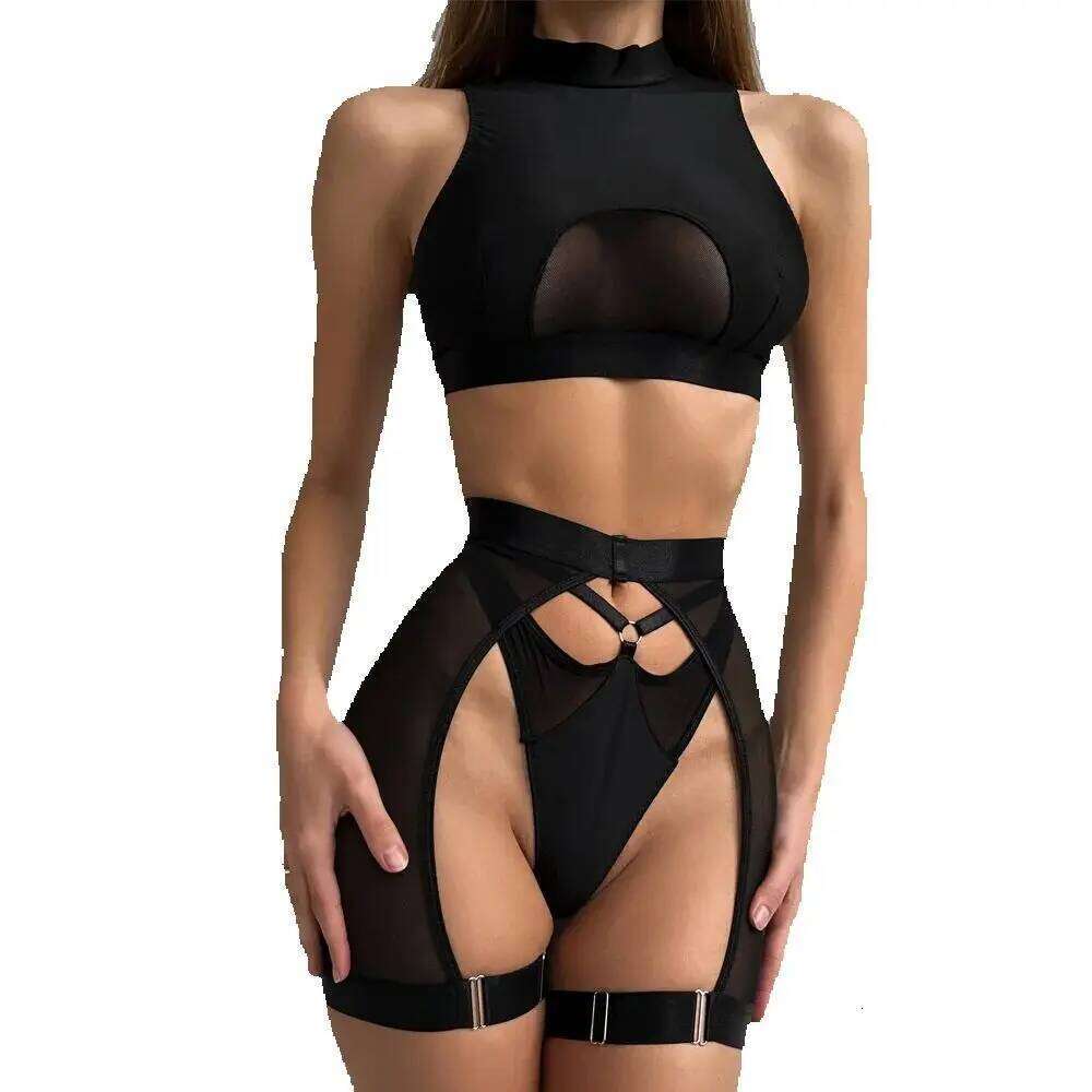 Sexy Lingerie Woman 3 Pieces Vest Top Seamless Underwear Garter Belt Set Thong Black Intimate Exotic Sets