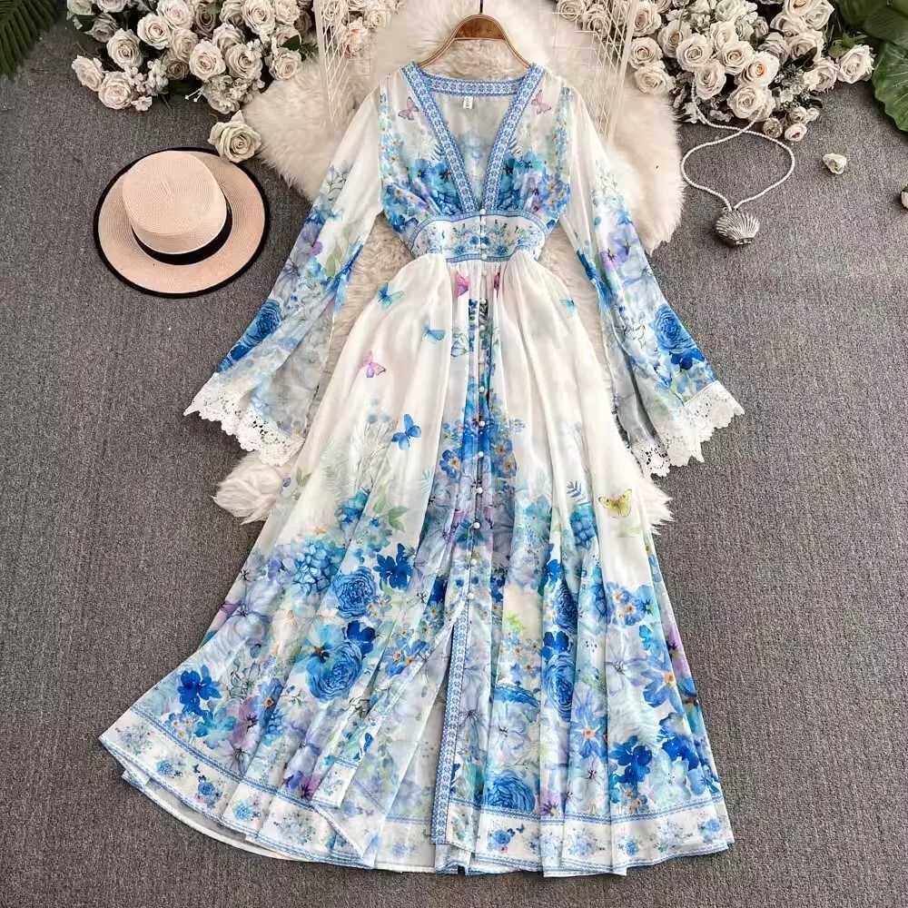 Elegant Floral Long Maxi Dresses Women 2025 Spring Summer Holiday Flare Full Sleeve Print Lace Deep V Neck Evening Party Vestido X260306