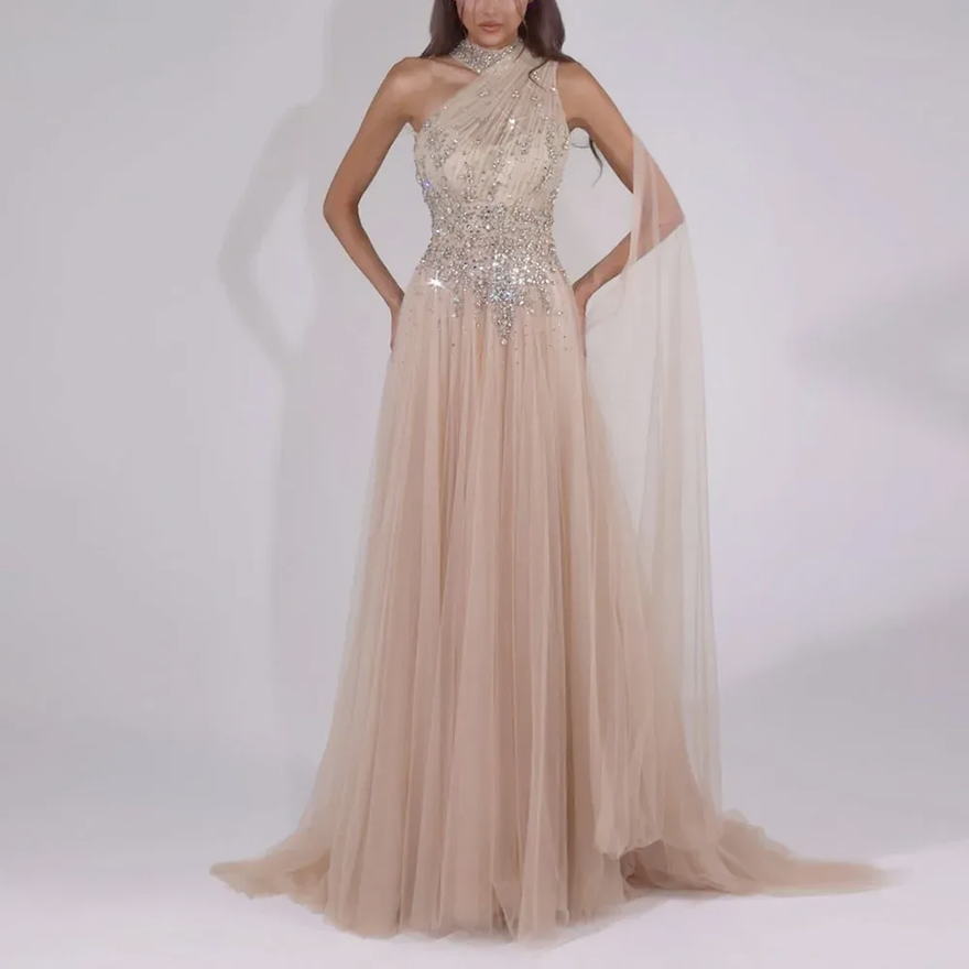 Fashion Champagne Prom Party Dress 2026 with Shawl One Shoulder Beads Crystal A-line Tulle Evening Formal Gowns Pageant Birthday Robe De Soriee Vestid