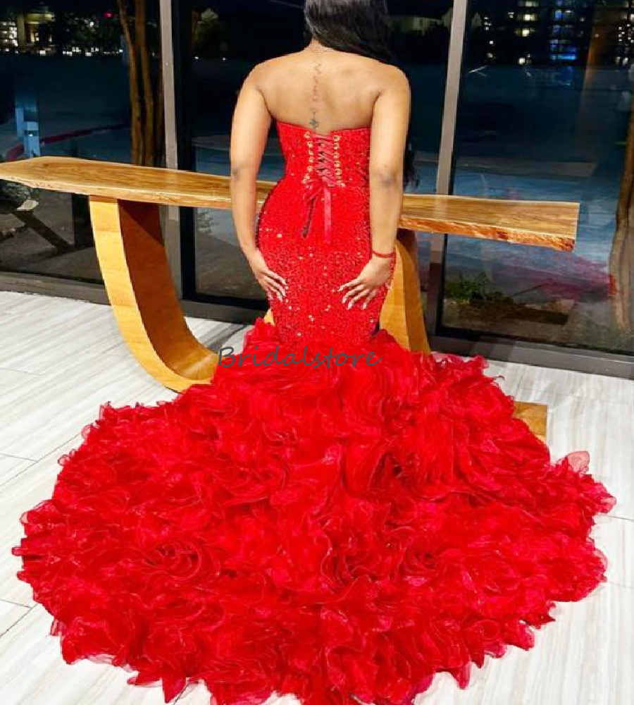 Luxury Red Prom Dresses 2026 Showstopping Mermaid Nigerian Evening Gowns Sweetheart Beaded Bottom Ruffles Formal Ceremony Party Dress Aso Ebi Special 