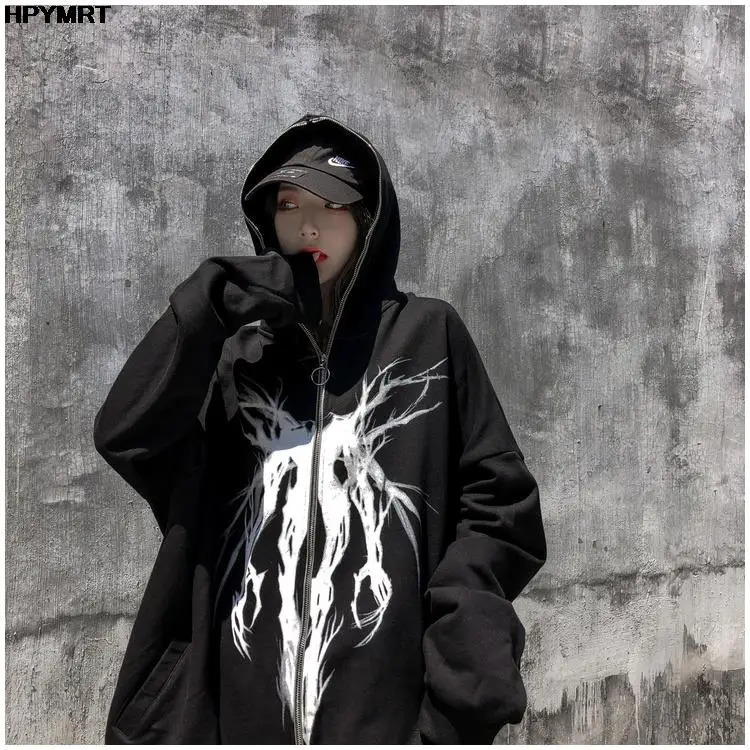 Autumn Fashion Punk Graphic Print Hip Hop Zipper Hoodie Men Women Harajuku Oversized Hooded Sweatshirt Gothic Vintage Streetwear 260228