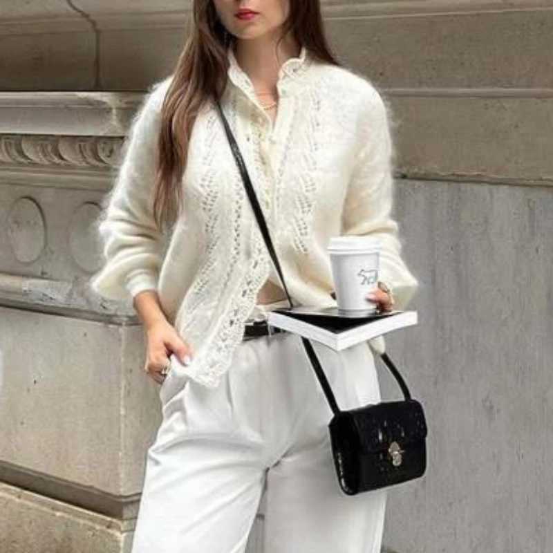 Womens White Cardigan Fashion Hollow Lace Patchwork Loose Sweaters Elegant New Office Basic Autumn Female Cardigan M260306