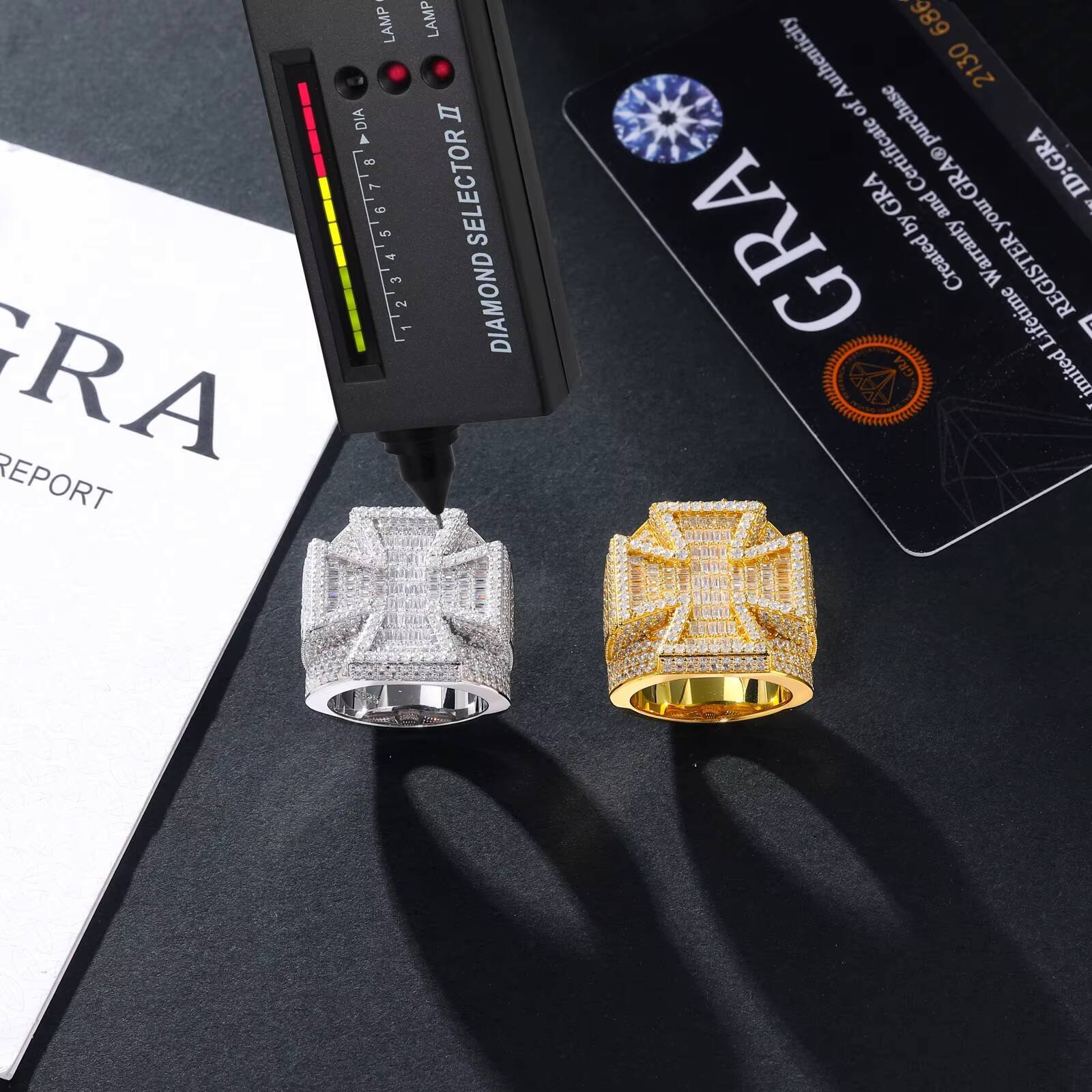 Hip Hop Fashion Jewelry Rings Gold Plated 925 Sterling Silver VVS Baguette Moissanite Diamond Bling Maltese Cross Ring for Men