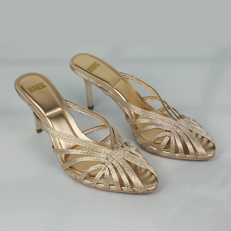 Gold Hollow Thin Strip Heels for Women Pointed Toe Heeled Pumps Office Lady Mules Summer Stiletto Shoe Sandals 260306