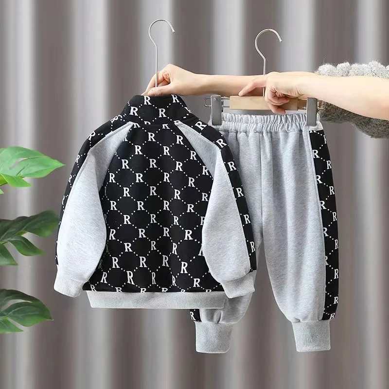 Kids Tracksuits 2Pcs, 2-10Y Boys R Letter Patchwork Cotton Jacket & Pants Set, Spring Autumn Casual Sports OutfitsT260306