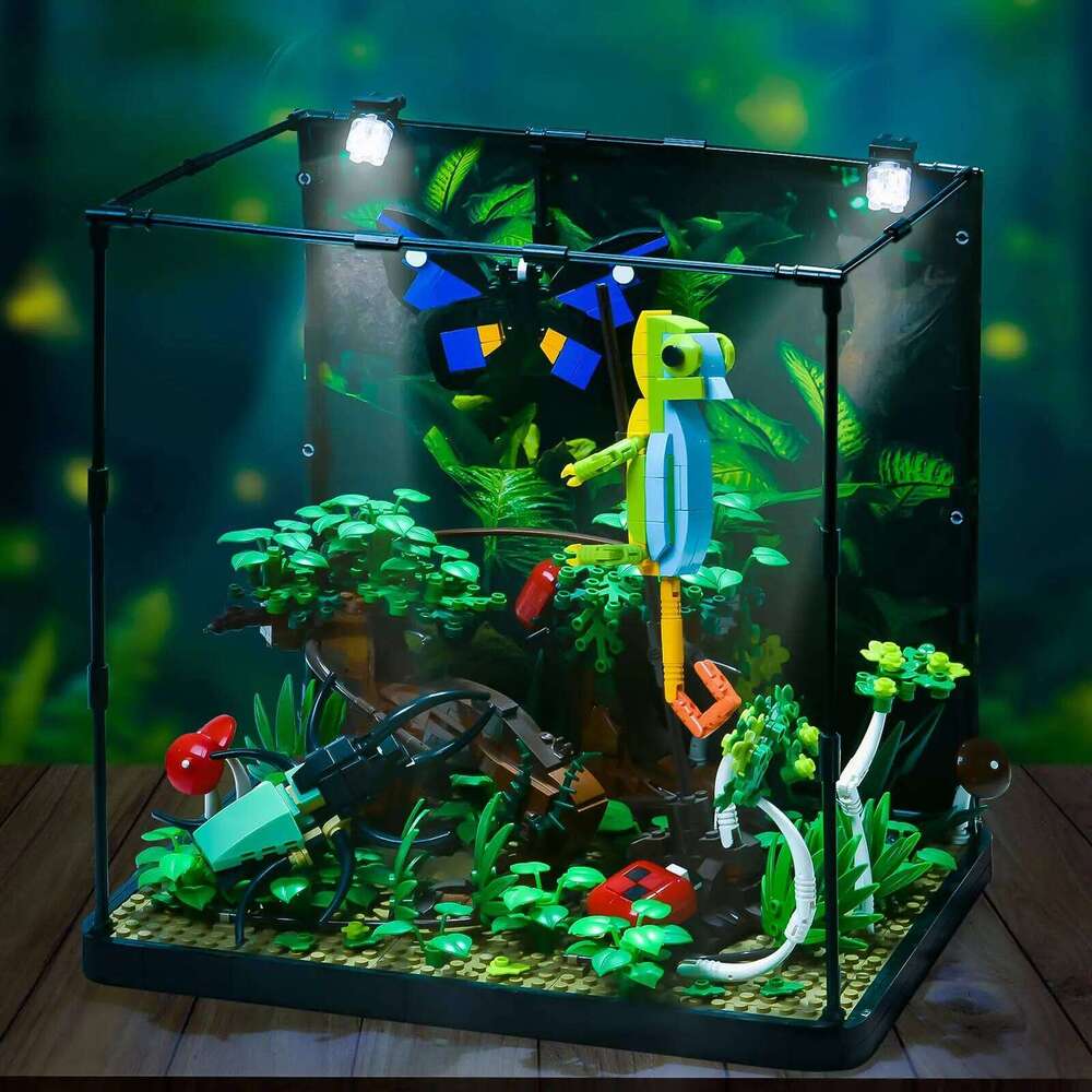 1358PCS Creative Tropical Rainforest Model MOC Chameleon Butterfly Building Blocks with Lighting Desktop decor Toys Kid Gifts Z260306