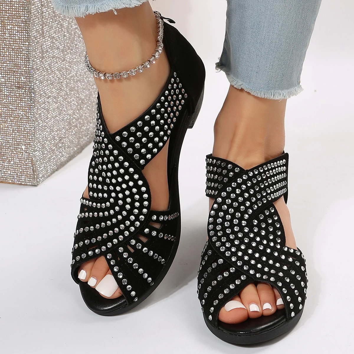 fashion comfortable dance sandals womens rhinestone zipper crystal indoor shoes womens open-toe shoes 260305