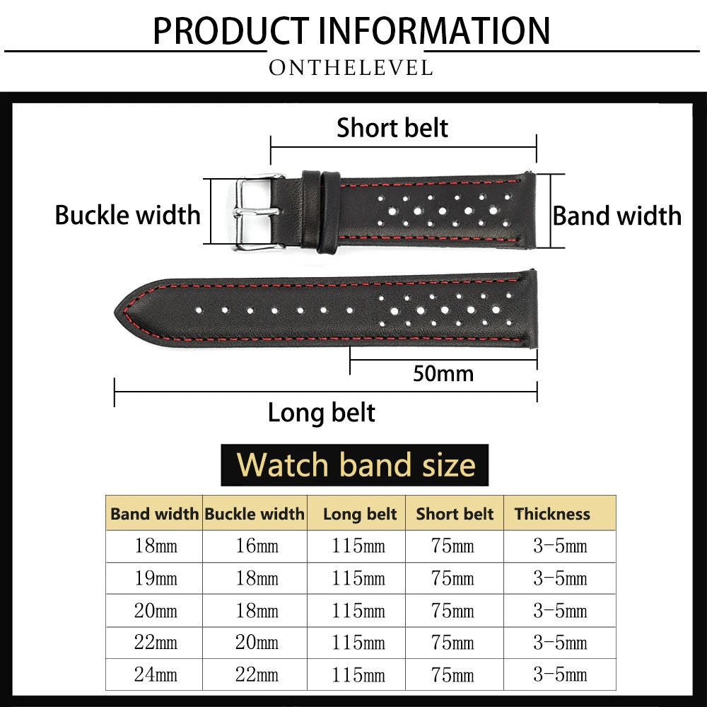 Vintage Handmade Watch Strap 18mm 19mm 20mm 22mm 24mm Racing Leather Strap Gray Black Brown Blue Breathable Porous Watchbands 260304