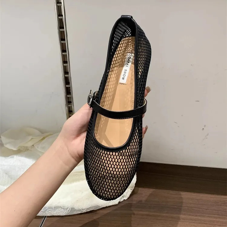 Fishing Net Shoes Womens Flat Mary Janes Shoes Summer Shallow Buckle Strap Sandals Ladies Summer Cut Out Loafers 260303